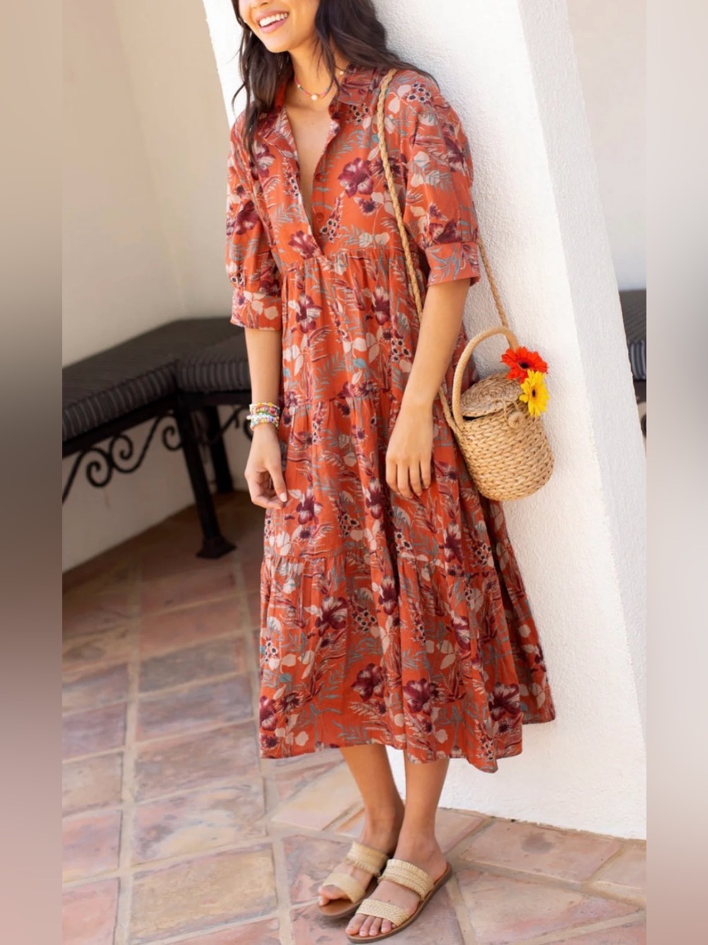 Natural Life Rebecca Midi Dress Orange Tropical Floral Large - Picture 1 of 7